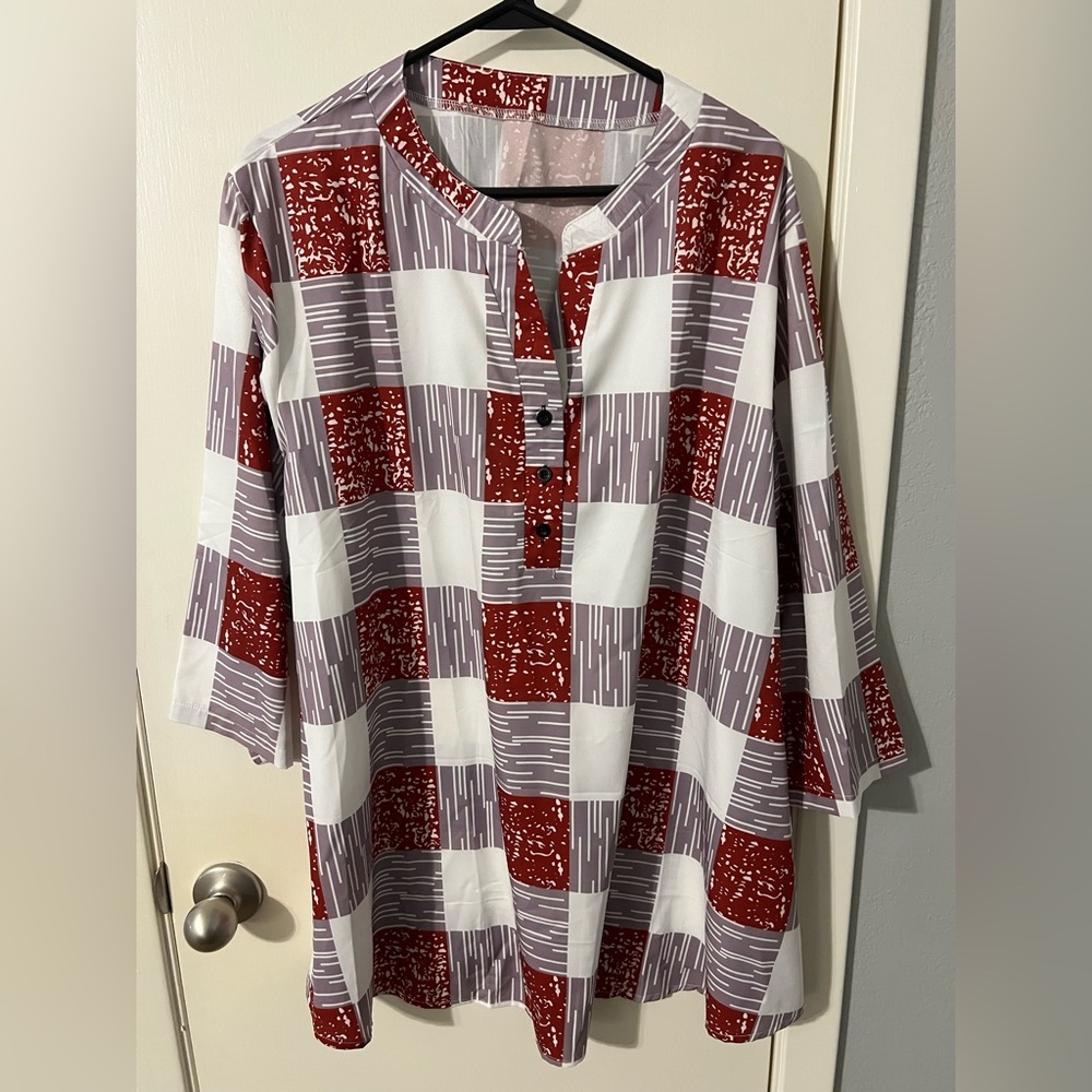 Women's Plus Size 3/4 Sleeve Casual Notch Neck Plaid Print Top